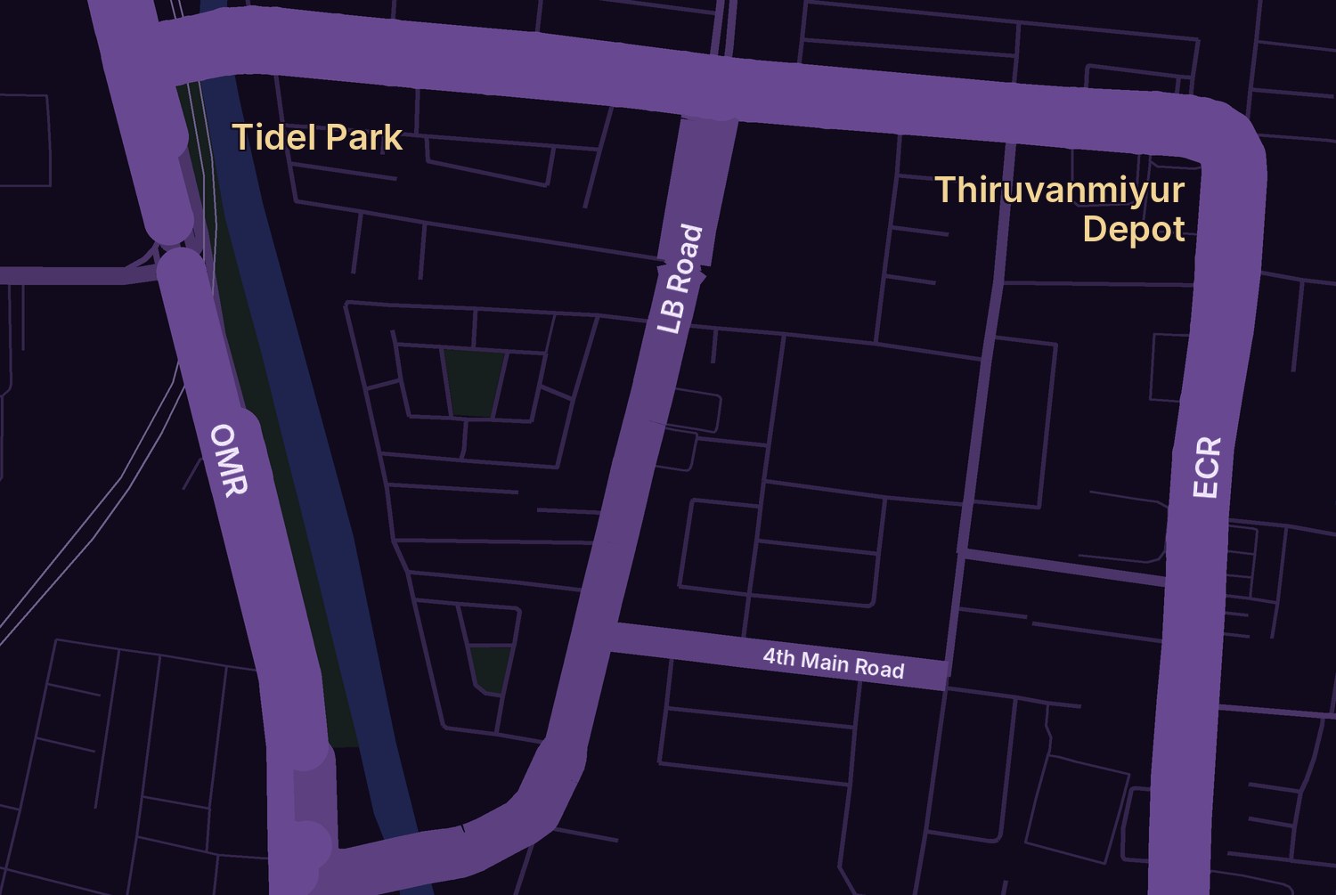 Map of Thiruvanmiyur: BMG Mahal on 4th Main Road off LB Road, between OMR and ECR, near Tidel Park and Thiruvanmiyur Depot